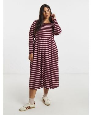 Simply Be Stripe Ribbed Collar Midi Dress With Pockets - Red