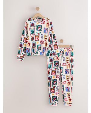 Next Ecru Stamps Matching Family Christmas Cozy Long Sleeve Pajamas - White
