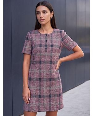 Roman Check Button Shift Dress - Gray