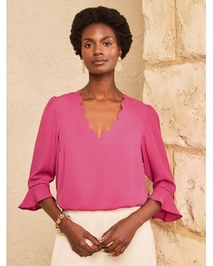 Love & Roses Scallop V-Neck Flute Sleeve Blouse - Pink