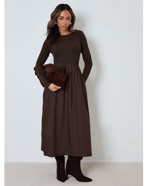Threadbare Rib Jersey 2-In-1 Midi Dress With Poplin Skirt - Brown