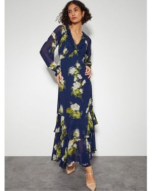 Monsoon Rowena Floral Ruffle Dress Blue