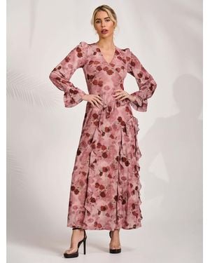 Jolie Moi Long Sleeve Ruffle Mesh Maxi Dress - Red