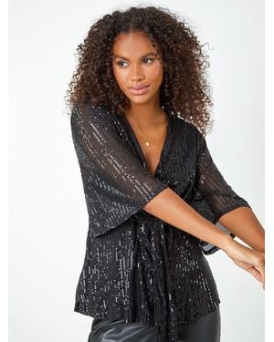 Roman Sequin Tie Front Stretch Shirt - Black