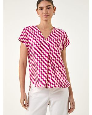 Roman Wave Stripe Print V-Neck Top - Pink