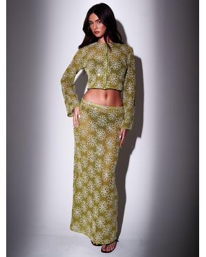 South Beach Crochet Floral Sequin Maxi Skirt - Green