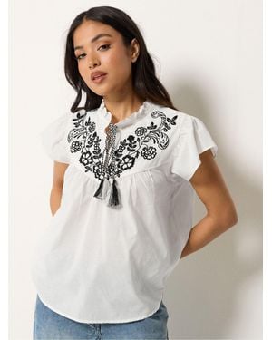 PixieGirl Petite Pixiegirl Petite Frill Sleeve Tie Neck Embellished Blouse - White