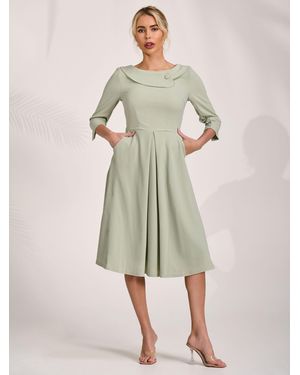 Jolie Moi 3/4 Sleeve Fold Neck Midi Dress - Natural