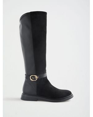 Love & Roses Faux Suede Scalloped Knee High Flat Rider Boots - Black