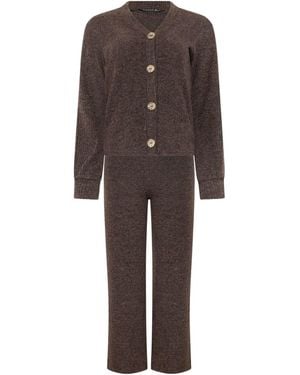 PixieGirl Petite Pixiegirl Petite Ribbed Cardigan & Wide Leg Pants Set - Brown