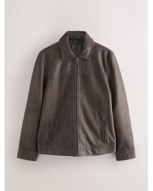 Next Signature Leather Collared Jacket - Brown