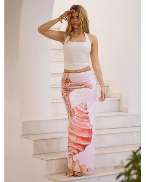 South Beach Sequin Overlay Seashell Printed Maxi Skirt - Pink