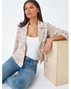 Roman Stripe Print Textured Cotton Blend Jacket - White