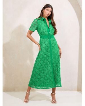 Lipsy Petite Premium Lace Belted Shirt Dress - Green