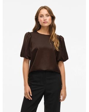 Vila Satin Puff Shoulder Top - Black