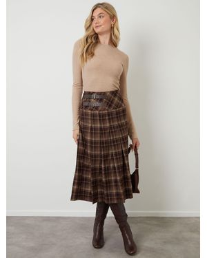 ANOTHER SUNDAY Check Buckle Detail Midi Skirt - Natural