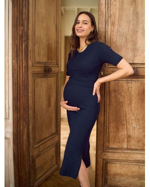 Seraphine Ribbed Maternity And Nursing Midi Dress - Blue