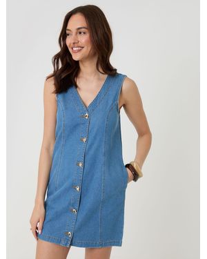 Threadbare Waistcoat Denim Mini 100% Cotton Summer Dress - Blue