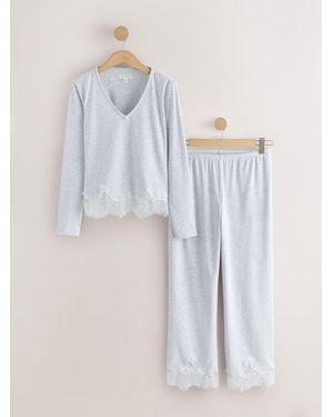 Next Light Lace Detail Cozy Ribbed Long Sleeve Pajamas - Blue