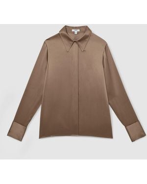 Reiss Ameira Silk-Satin Concealed-Placket Shirt - Brown