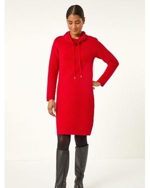Roman Ribbed Cowl Neck Sweater Dress - Red