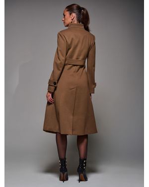 Jolie Moi Asymmetric Button Detail Fit & Flare Coat - Brown