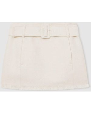 Reiss Bouclé Belted Mini Skirt With Wool And Cotton - Natural
