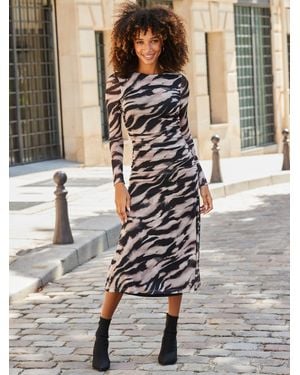 Sosandar Abstract Print Ruched Detail Dress - Gray