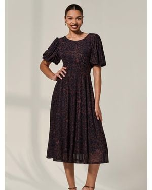 Jolie Moi Puff Sleeve Mesh Midi Dress - Black