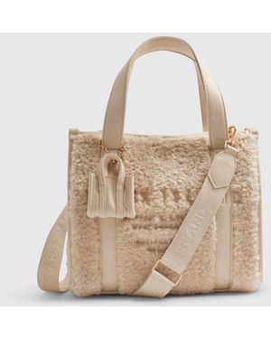 River Island Embroidered Faux Fur Tote Bag - Natural