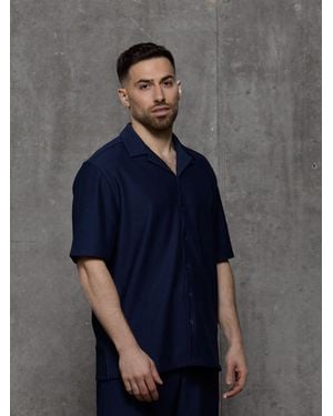 Kem Collection Plisse Short Sleeve Button Shirt - Blue