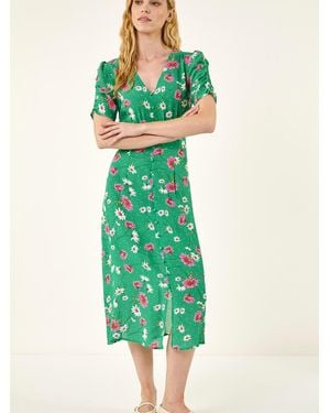 Roman Floral Ruched Sleeve Dress - Green