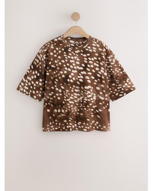 Next Deer Print Boxy Elbow Sleeve Crew Neck T-Shirt - Blue