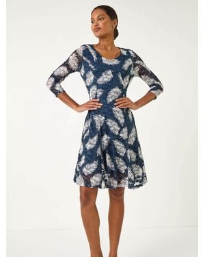 Roman Leaf Print Lace Stretch Dress - Blue