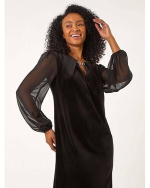 Roman Petite Constrast Sleeve Velvet Dress - Black