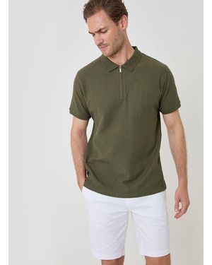 Threadbare Textured Cotton Zip Up Polo Shirt - Green