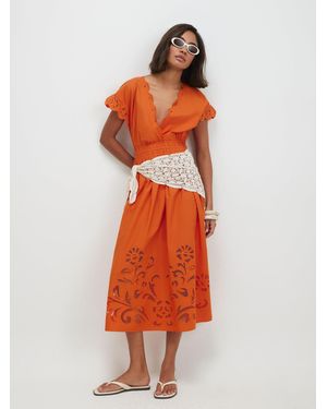 River Island Short Sleeve Poplin Cutwork Midi Dress - Orange