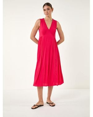 Roman Lace Trim V-Neck Midi Dress - Pink