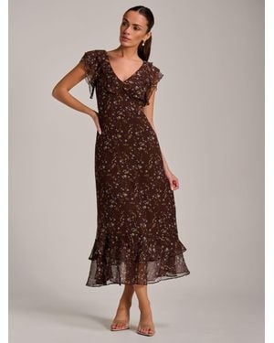 Jolie Moi Ruffle V-Neckline Chiffon Midaxi Dress - Brown