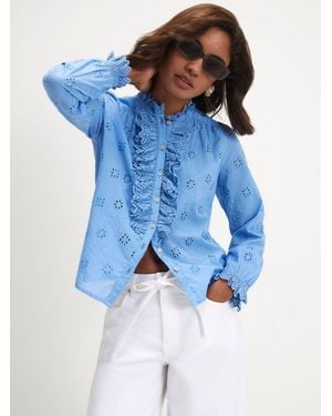River Island Long Sleeve Broderie Ruffle Blouse - Blue