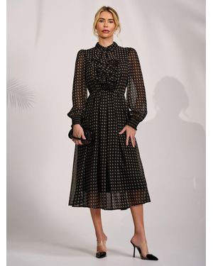 Jolie Moi Textured Chiffon Long Sleeve Shirt Dress - Black
