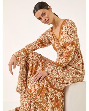 Roman Border Print Maxi Dress - Brown