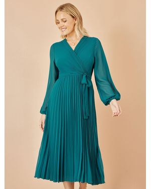 Yumi' Pleated Wrap Midi Dress With Sheer Long Sleeves - Blue