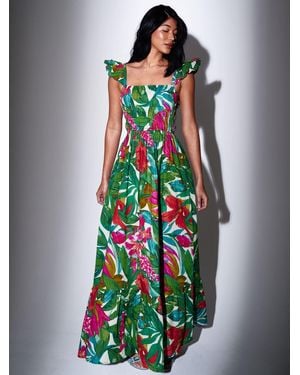 South Beach Floral Printed Smocked Bodice Frill Sleeve Maxi Dress - Green