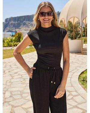 Sosandar Textured High Neck Sleeveless Top - Black