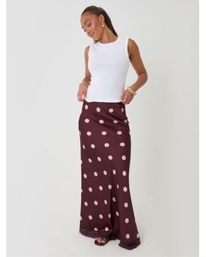 Threadbare Polka Dot Satin Lace Trim Maxi Skirt - Red