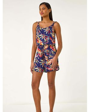 Roman Multi Leaf Print Tie Playsuit - Blue