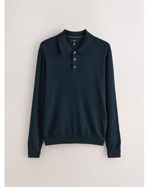 Next Regular Fit Cotton Rich Long Sleeve Knitted Polo Shirt - Blue