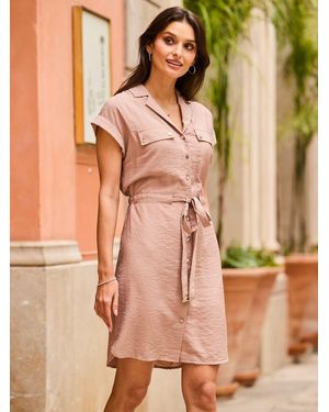 Sosandar Satin Belted Utility Shirt Dress - Brown