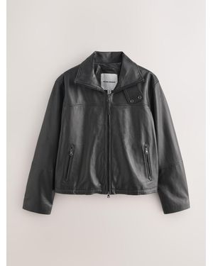 Nothing Ordinary Leather Funnel Neck Bomber Jacket - Black